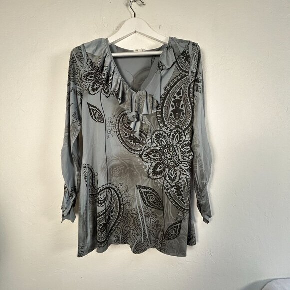 DB Sport Womens Paisley Ruffle V-Neck Long Sleeve Top Blouse Large Gray Stretch - Picture 1 of 9